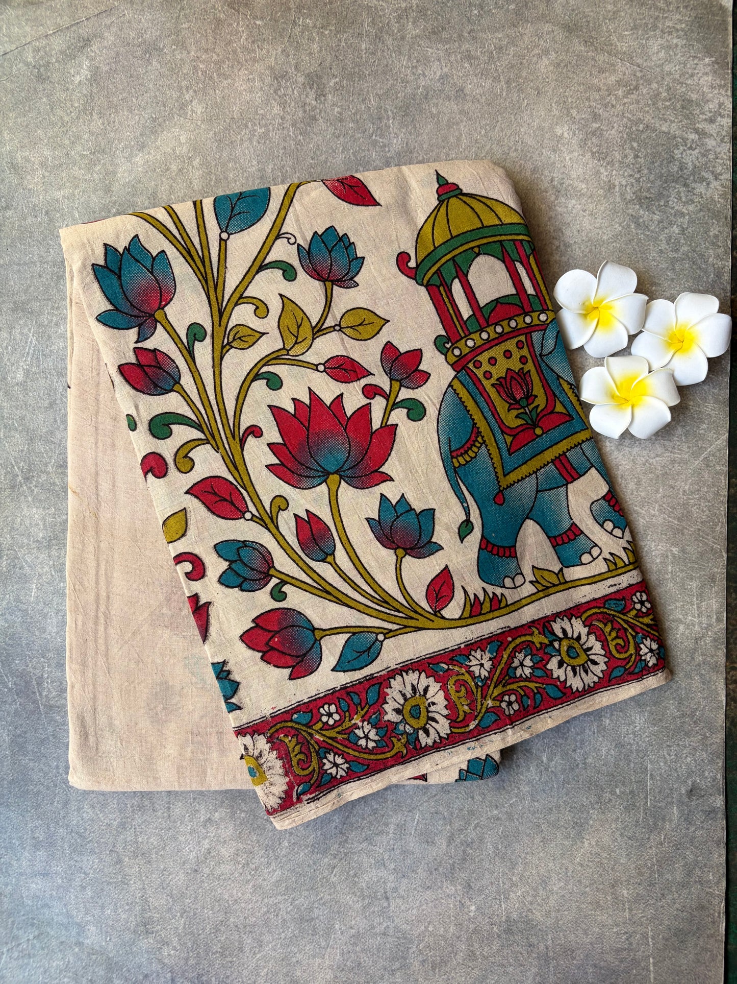 Kalamkari Printed Cotton Saree Cream Colour | TLL410