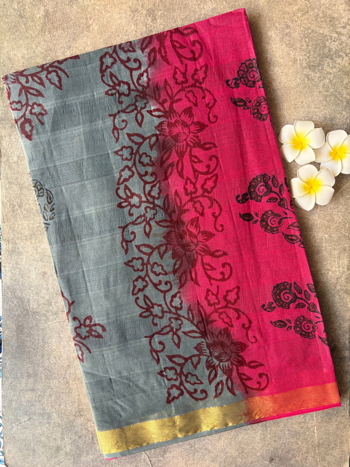 Grey with Pink Pure Cotton Saree | TLL584
