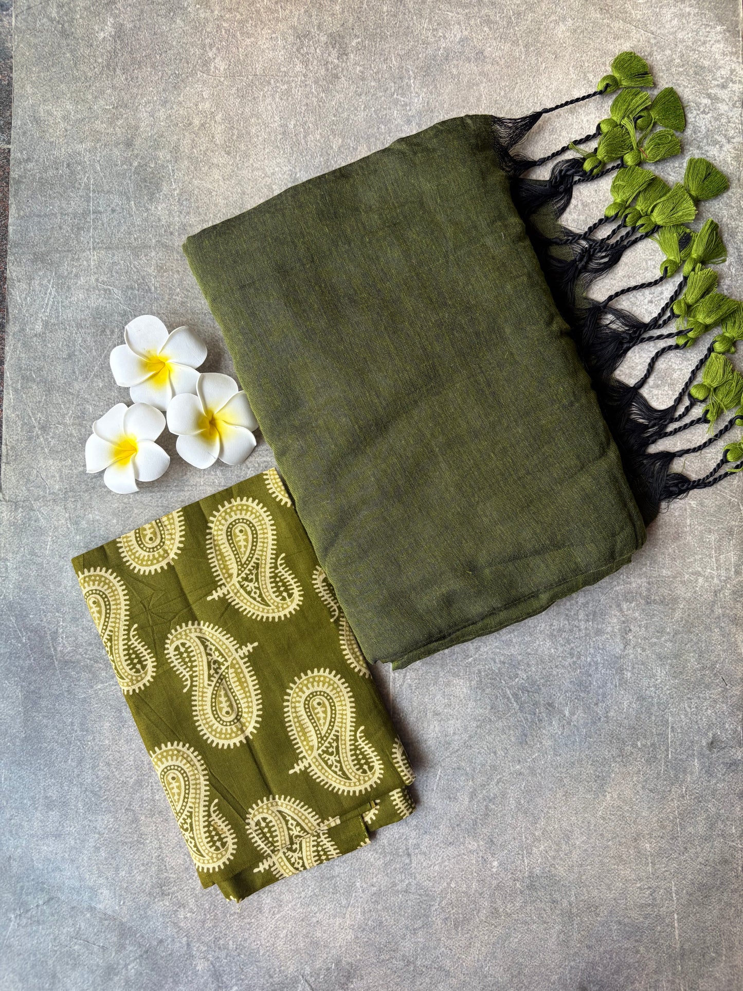 Khadi Cotton Saree Olive Green | TLL731