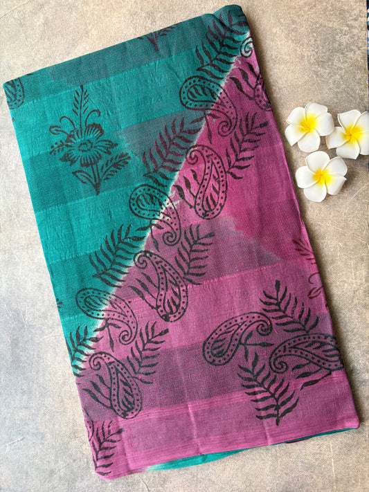 Green with Purple Kota Cotton Saree | TLL590