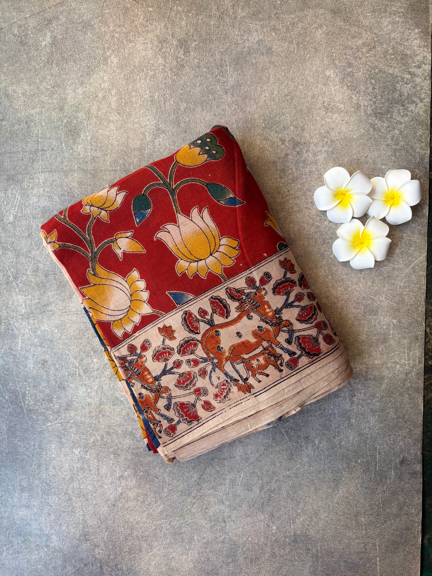 Kalamkari Printed Cotton Saree Red | TLL425