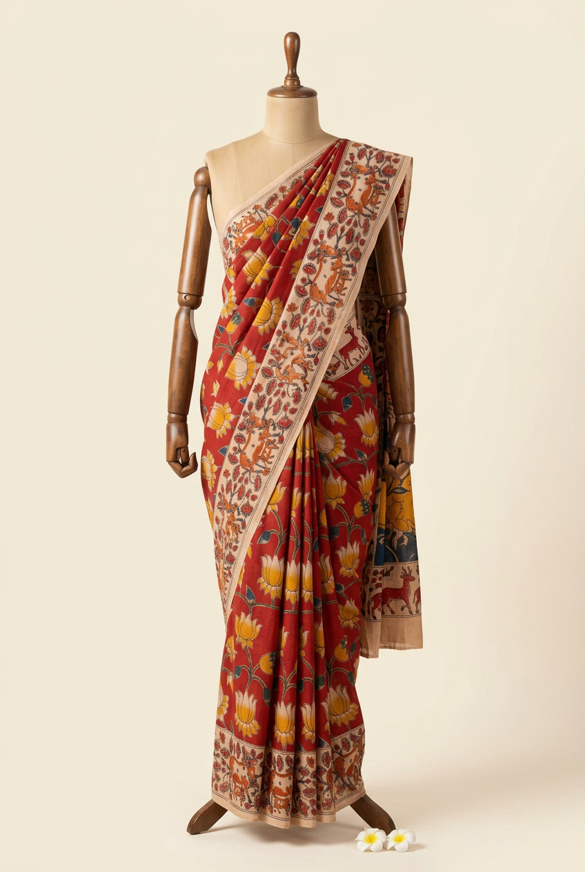 Kalamkari Printed Cotton Saree Red | TLL425