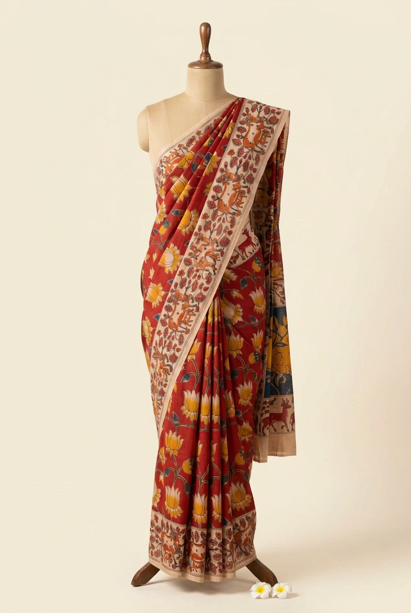Kalamkari Printed Cotton Saree Red | TLL425