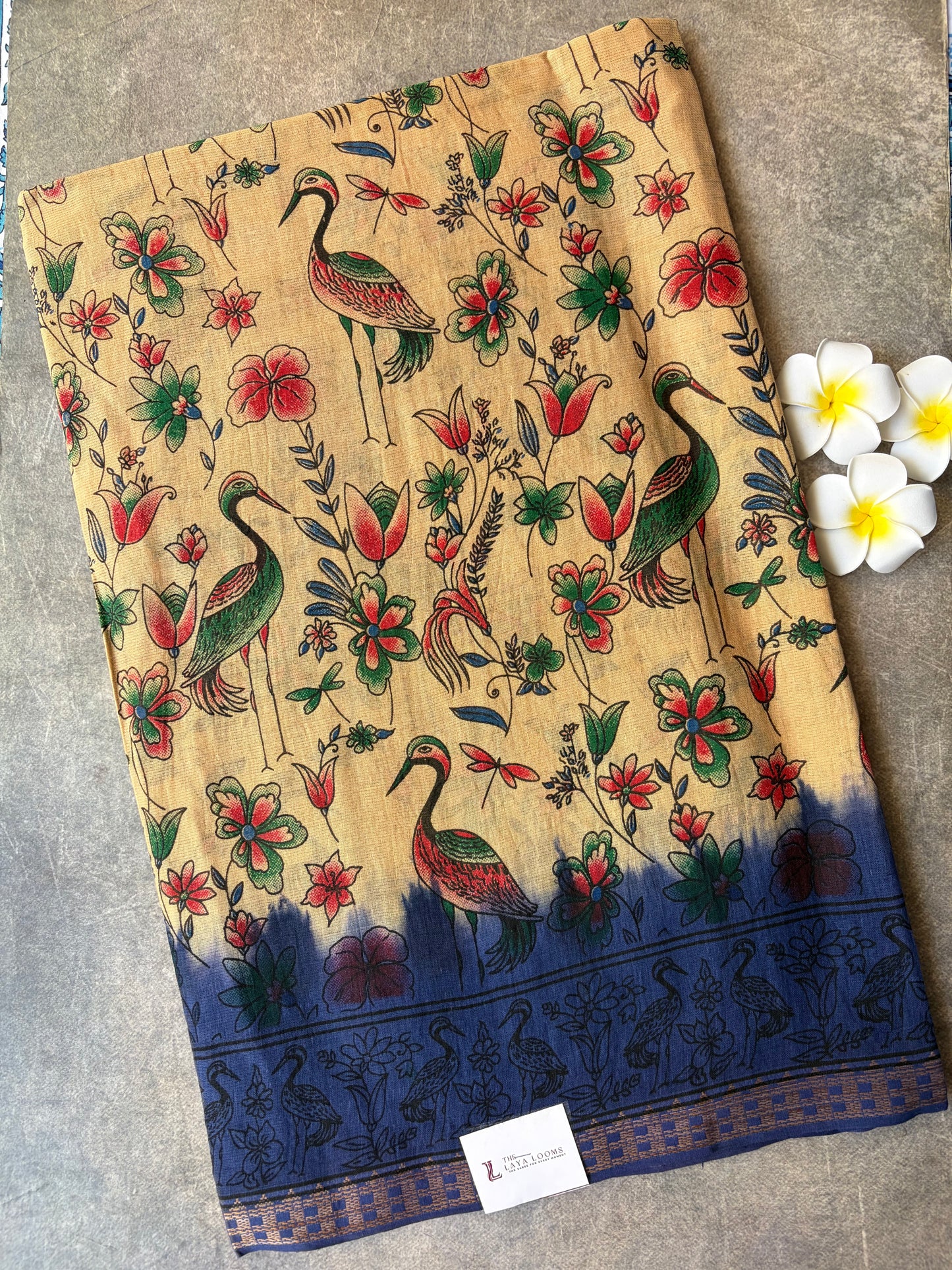 Kalamkari Cotton Saree Cream with Blue Border | TLL593