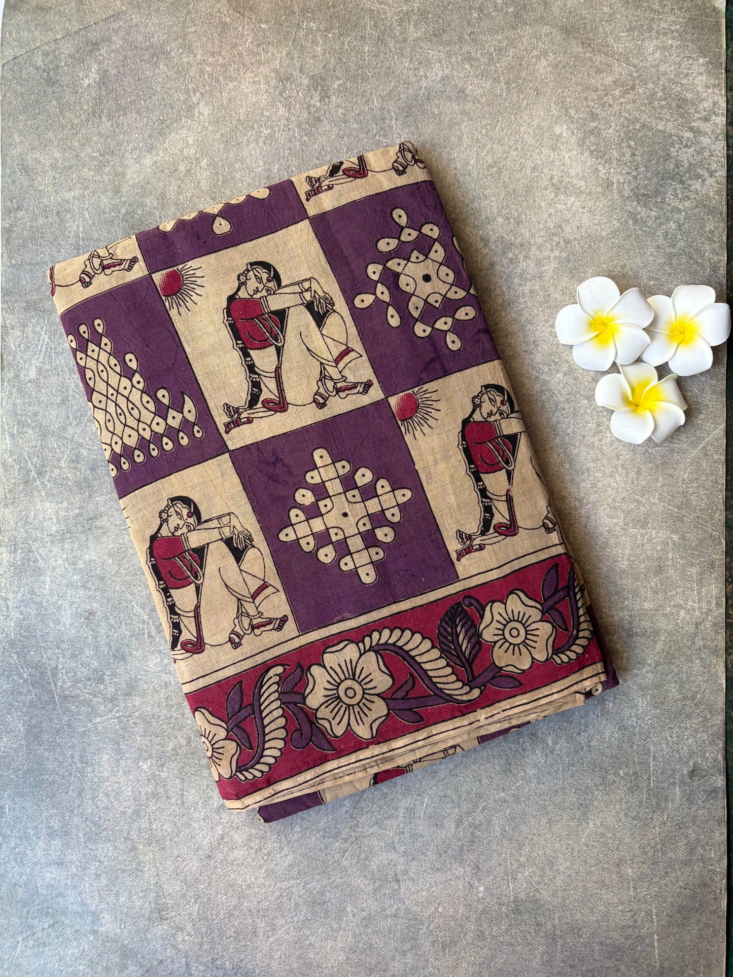 Kalamkari Printed Cotton Saree Purple with Cream | TLL419