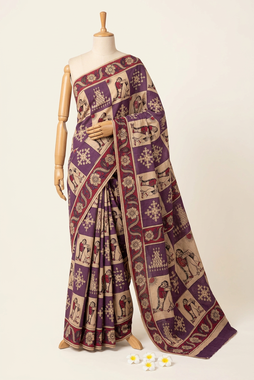 Kalamkari Printed Cotton Saree Purple with Cream | TLL419