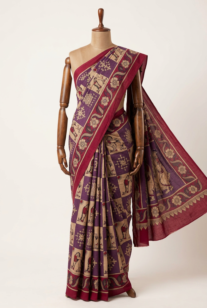 Kalamkari Printed Cotton Saree Purple with Cream | TLL419