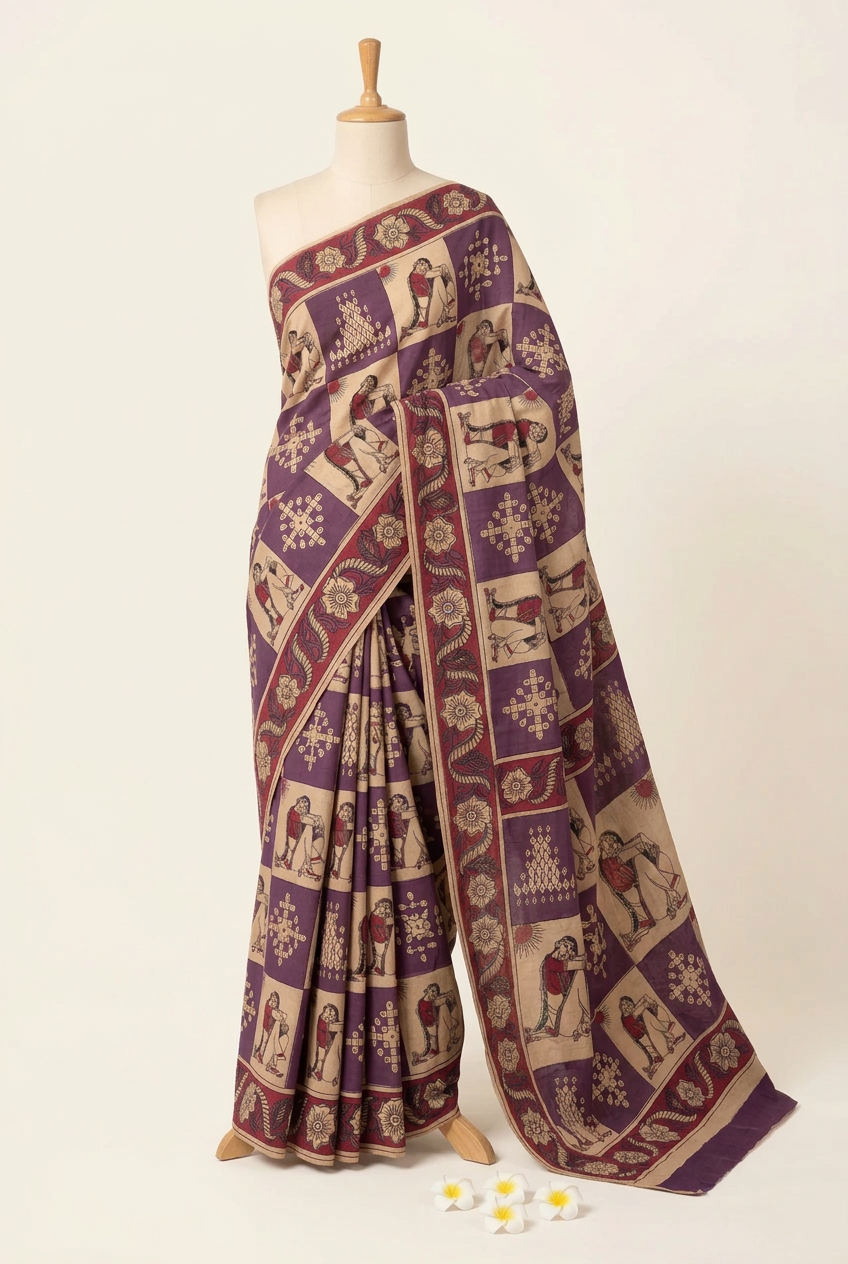 Kalamkari Printed Cotton Saree Purple with Cream | TLL419