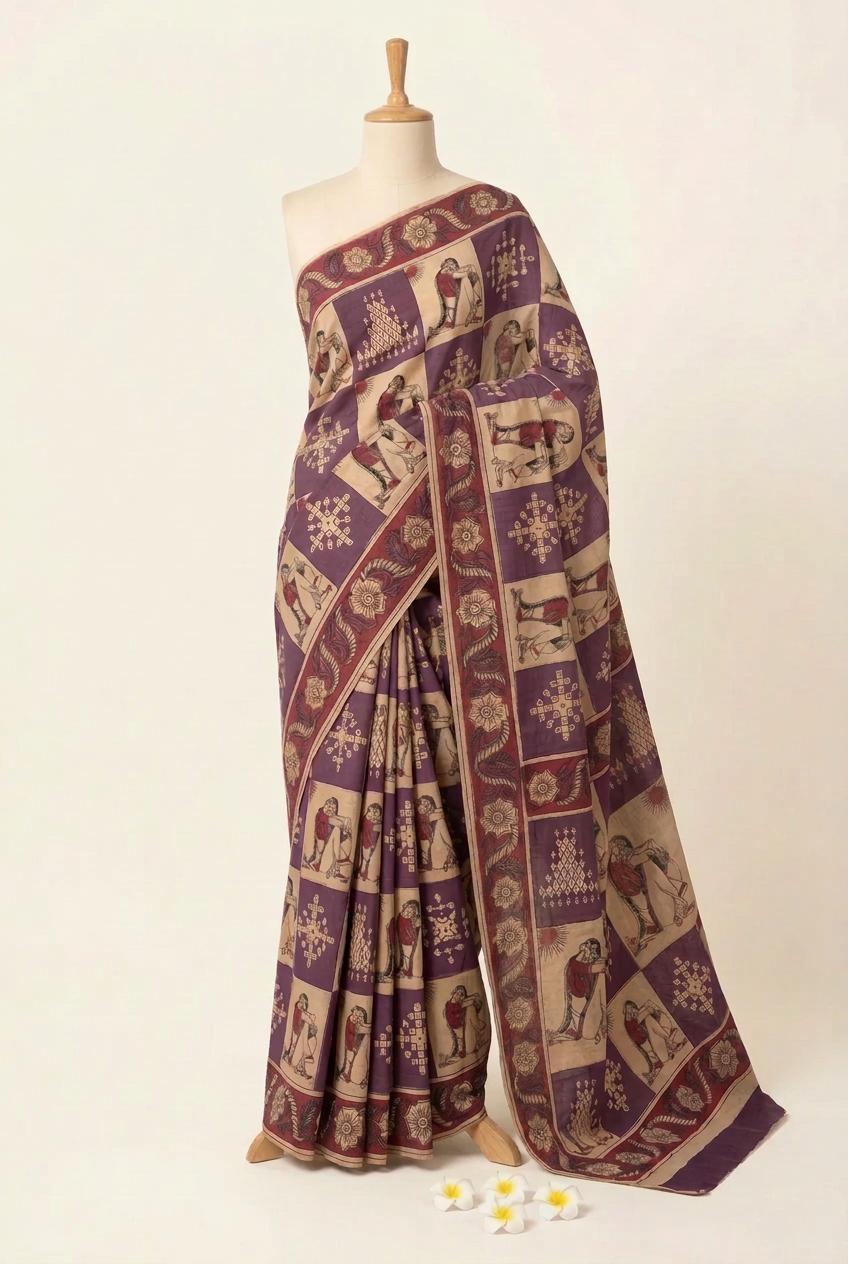 Kalamkari Printed Cotton Saree Purple with Cream | TLL419
