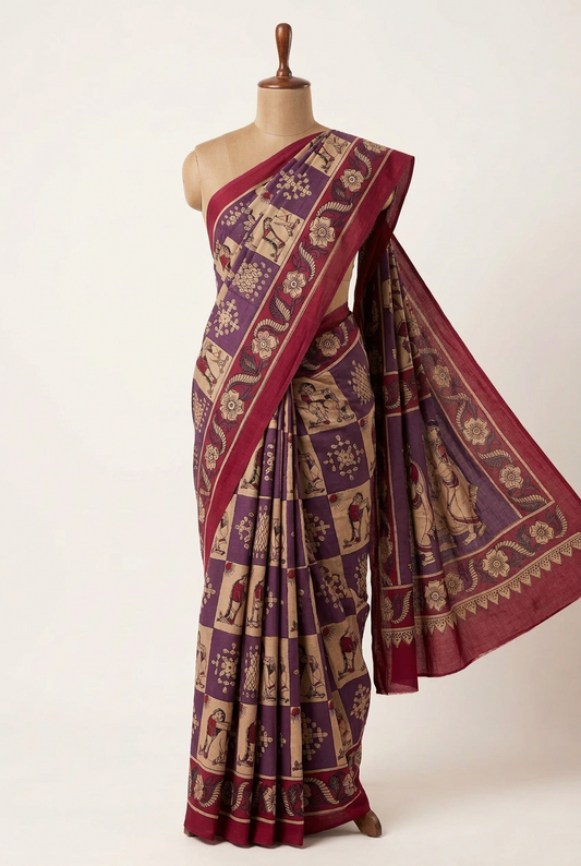 Kalamkari Printed Cotton Saree Purple with Cream | TLL419