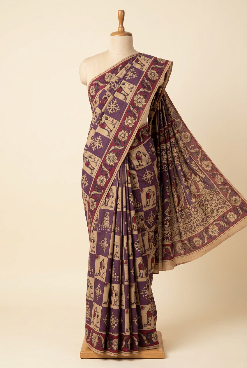Kalamkari Printed Cotton Saree Purple with Cream | TLL419
