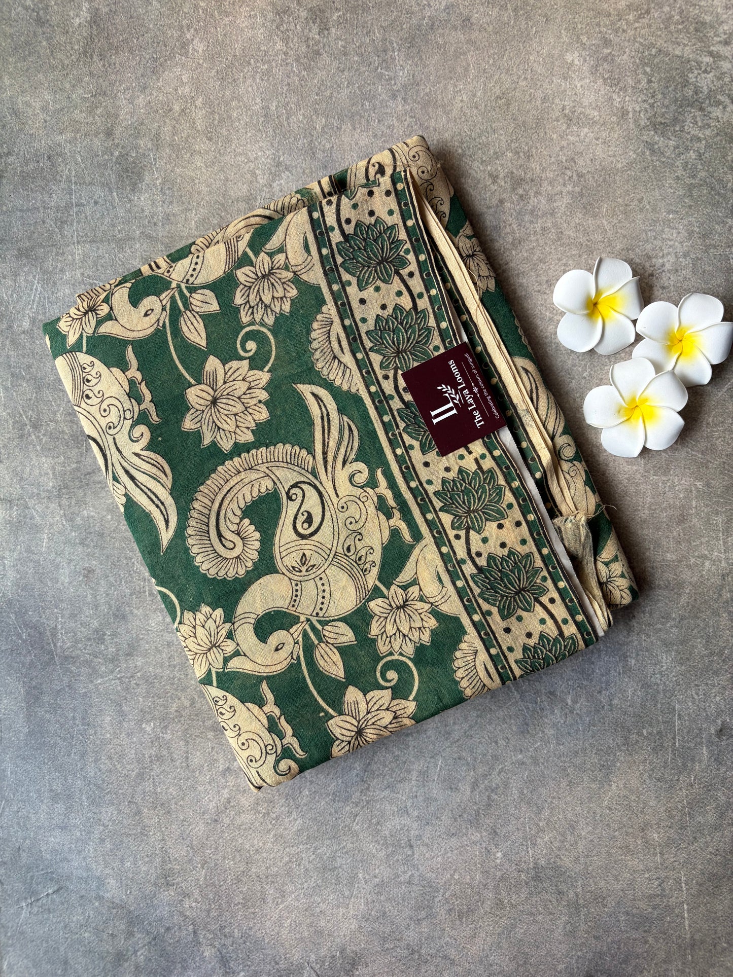 Kalamkari Mul Mul Cotton Saree Green | TLL612