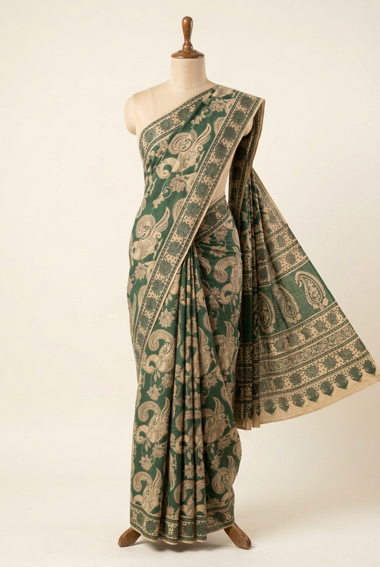Kalamkari Mul Mul Cotton Saree Green | TLL612