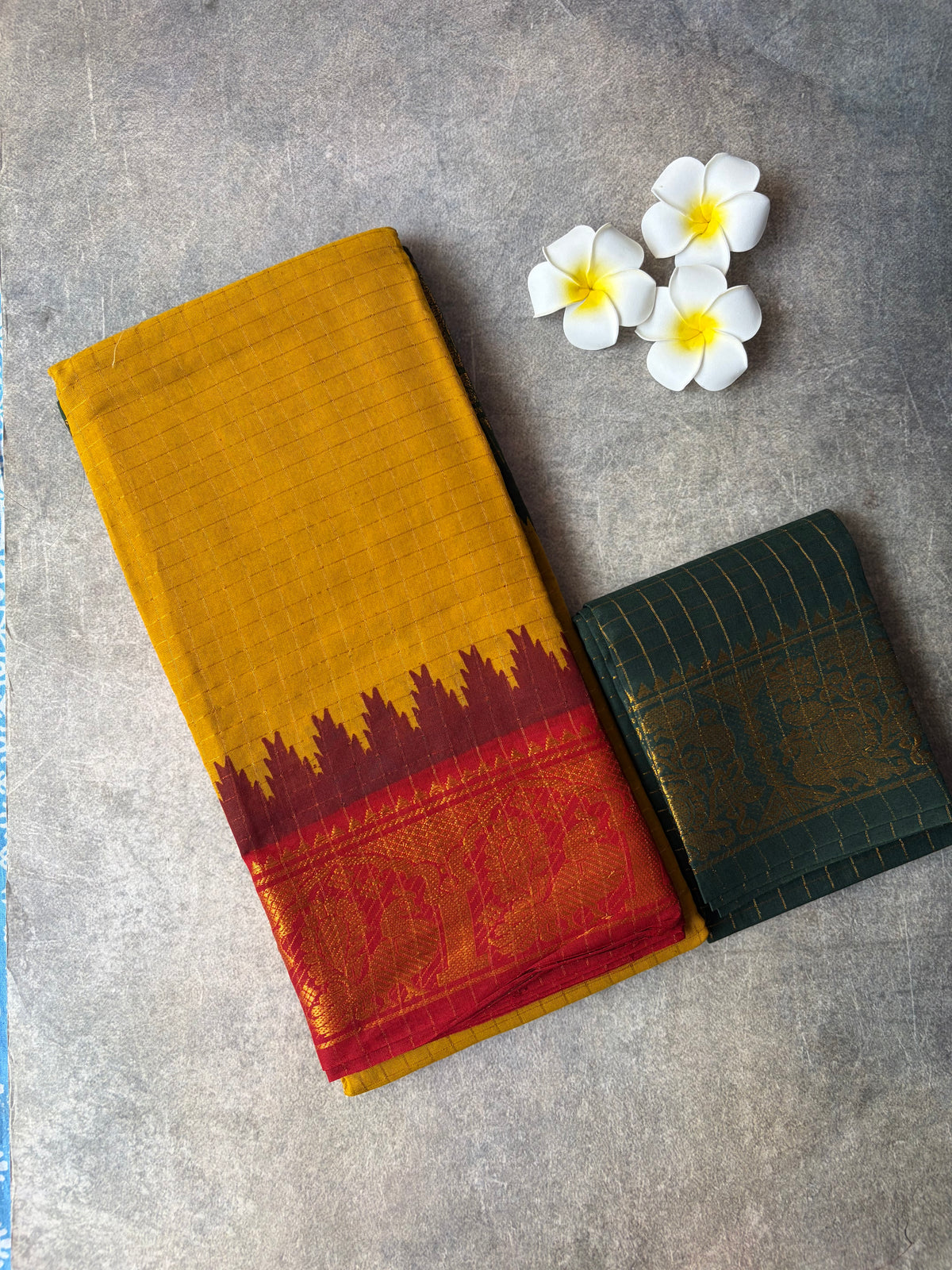 Mustard Yellow Sungudi Cotton Saree with Ganga Jamuna Border | TLL672