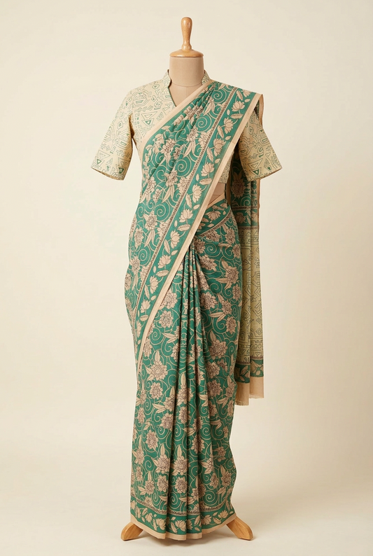 Kalamkari Mul Mul Cotton Saree Green | TLL614