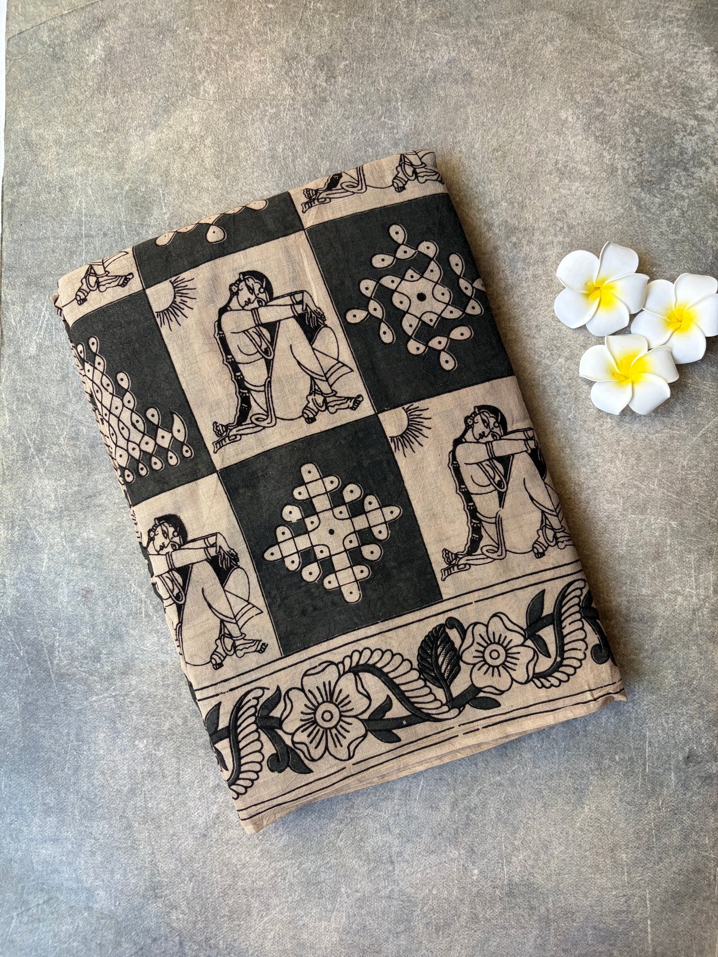 Kalamkari Printed Cotton Saree Black with Cream | TLL411