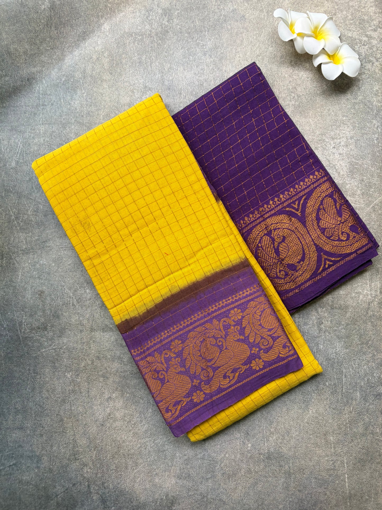Madurai Sungudi | Yellow with Violet Golden Zari Checked Sungudi Cotton Saree | TLL163