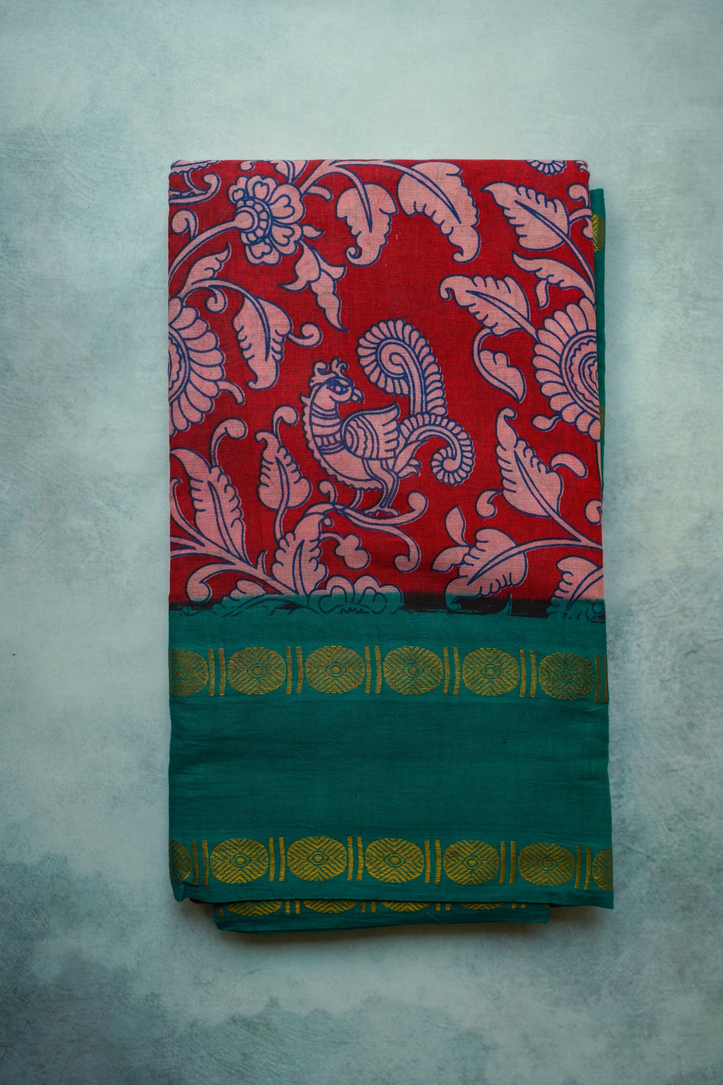 Ajrah print sungudi with teal blue border - kalamkari print