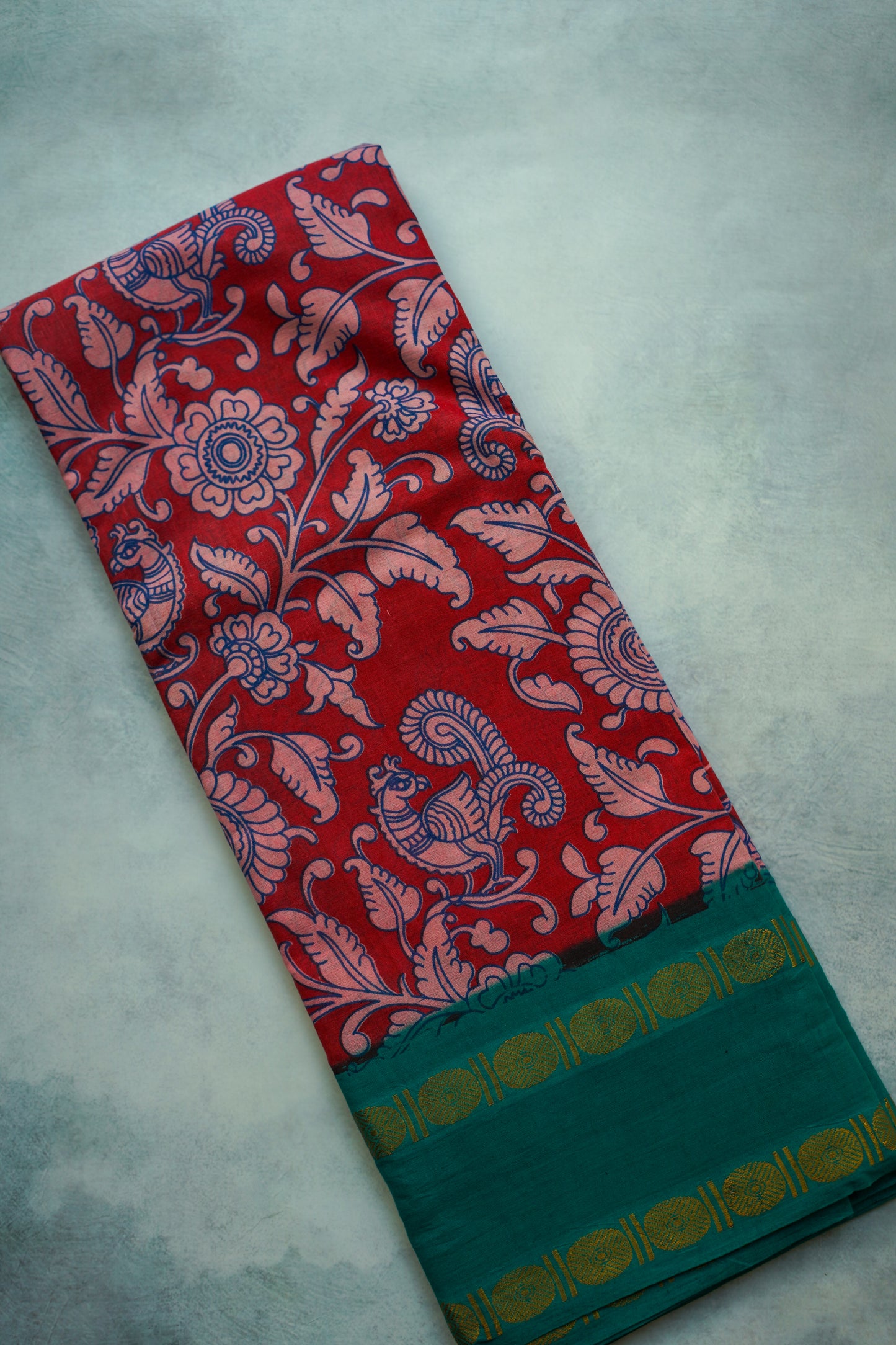 Ajrah print sungudi with teal blue border - kalamkari print