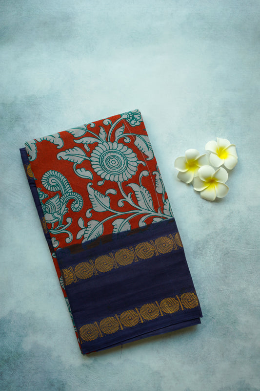 Ajrah sungudi saree - kalamkari print - blue border