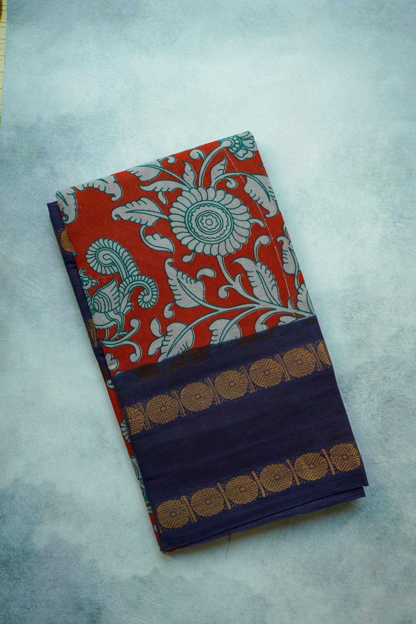 Ajrah sungudi saree - kalamkari print - blue border