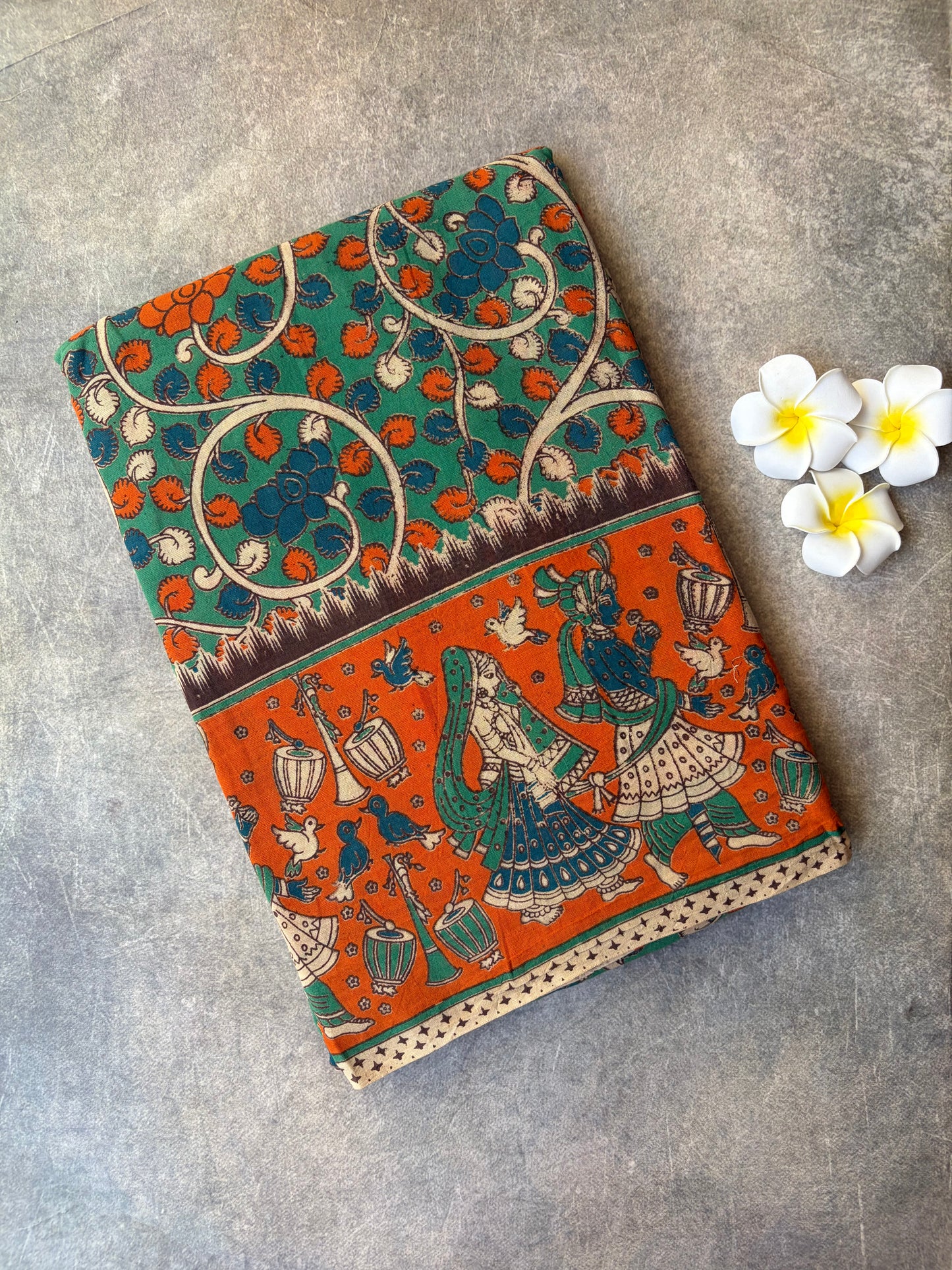 Kalamkari Printed Cotton Saree Green | TLL417