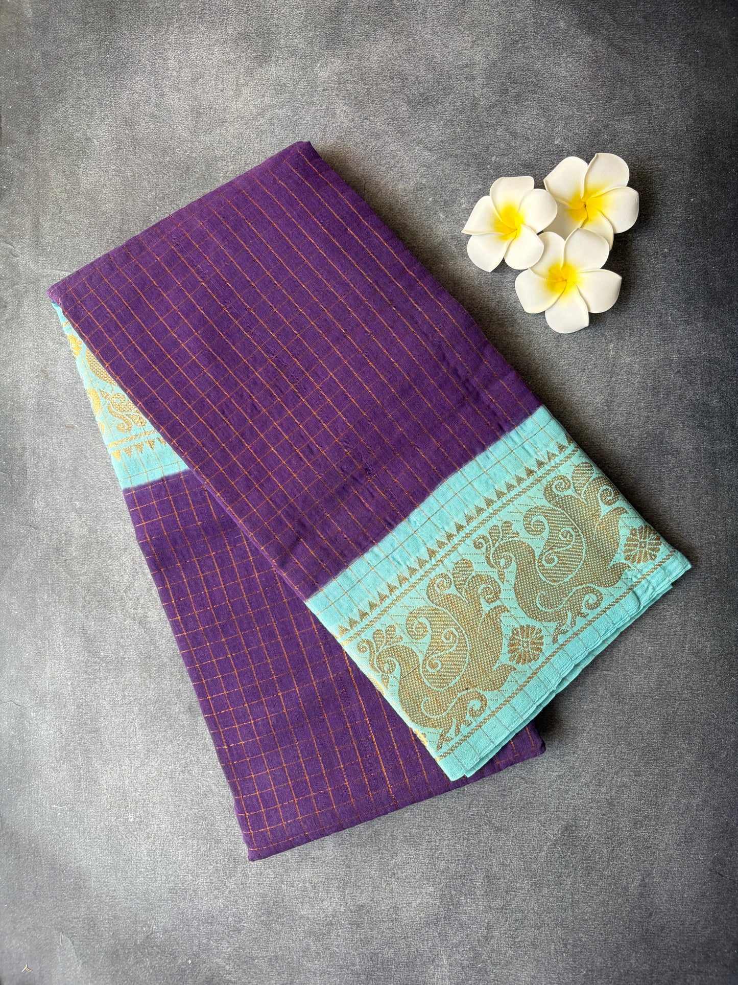 Golden checked blue Sungudi saree |TLL169