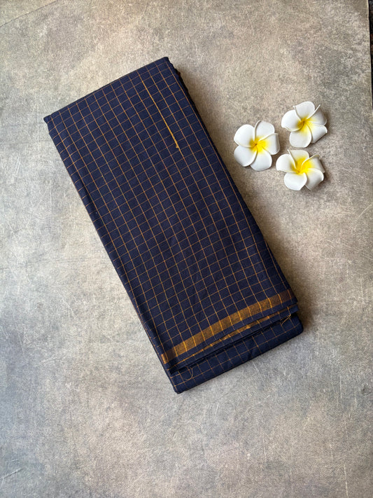 Golden Checked Navy Blue Sungudi Saree Simple Border | TLL686