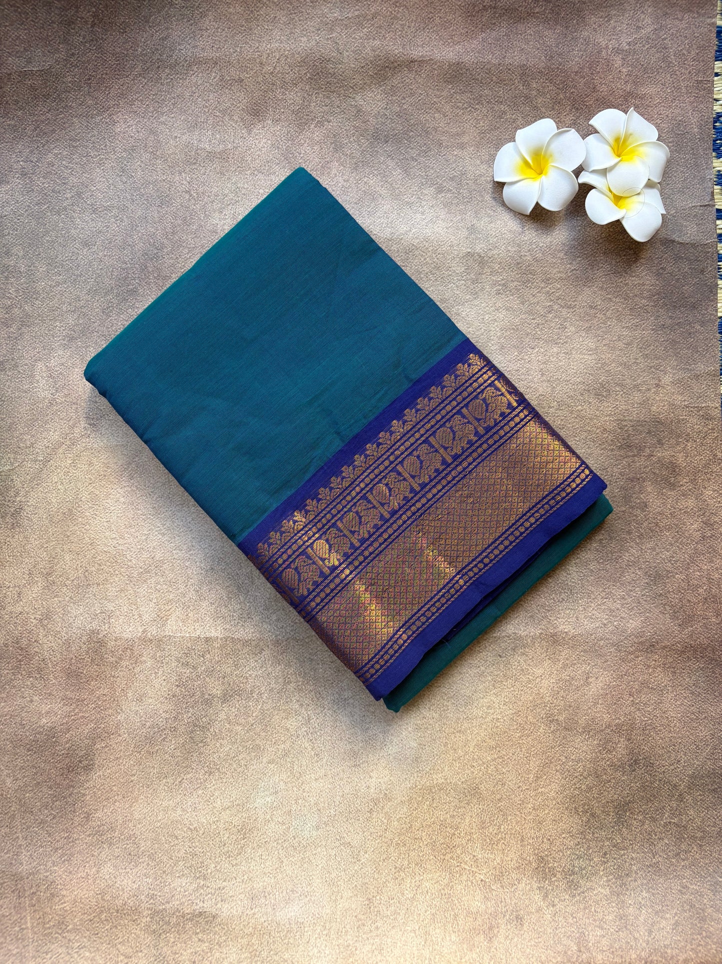 Premium Kanchi Cotton Saree with Peacock Zari Motif – Blue Border Elegance