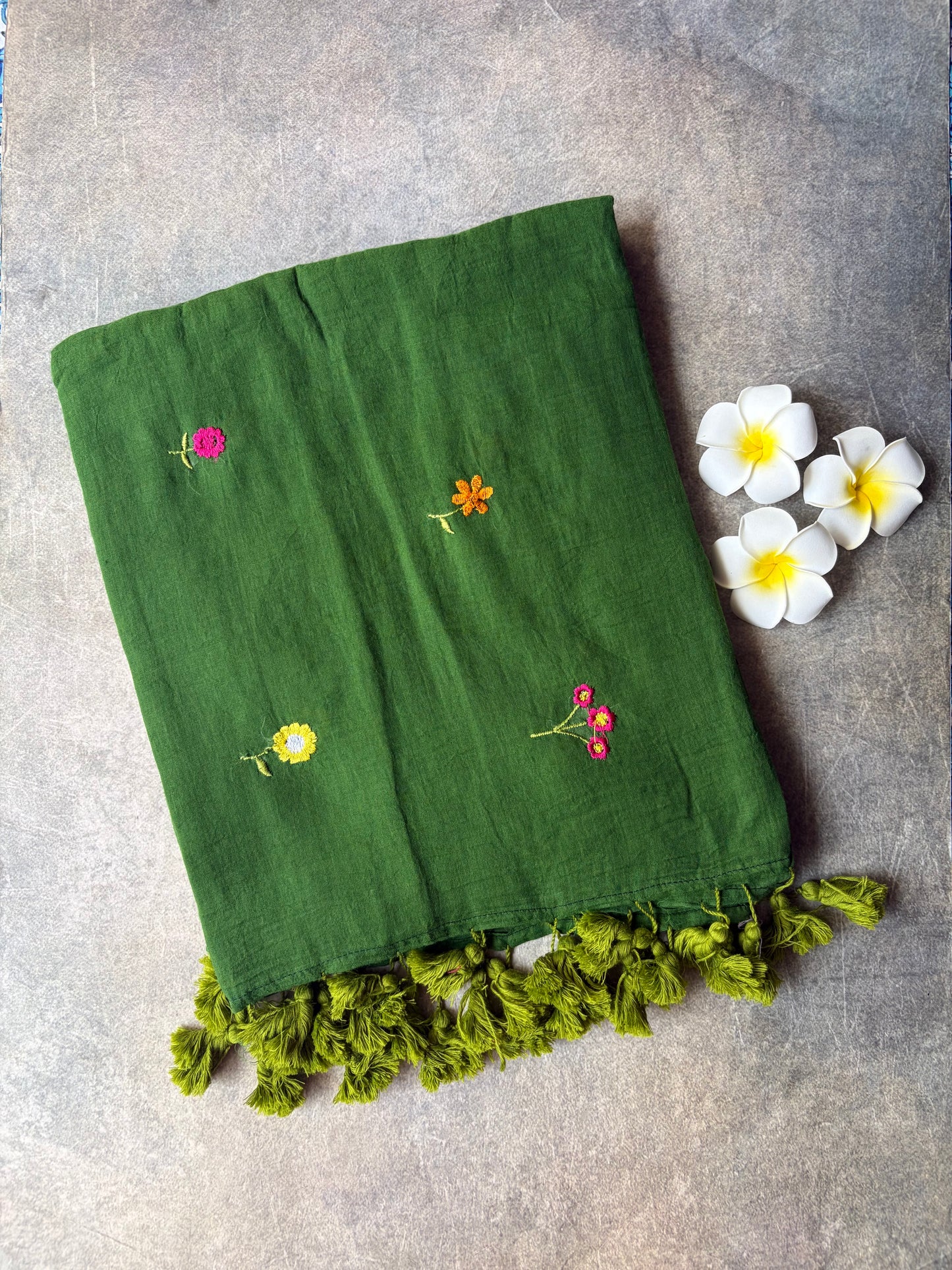 Flower Butta Embroidery Mul Mul Cotton Saree Green | TLL533
