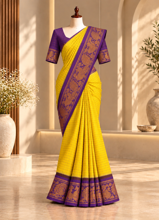 Madurai Sungudi | Yellow with Violet Golden Zari Checked Sungudi Cotton Saree | TLL163