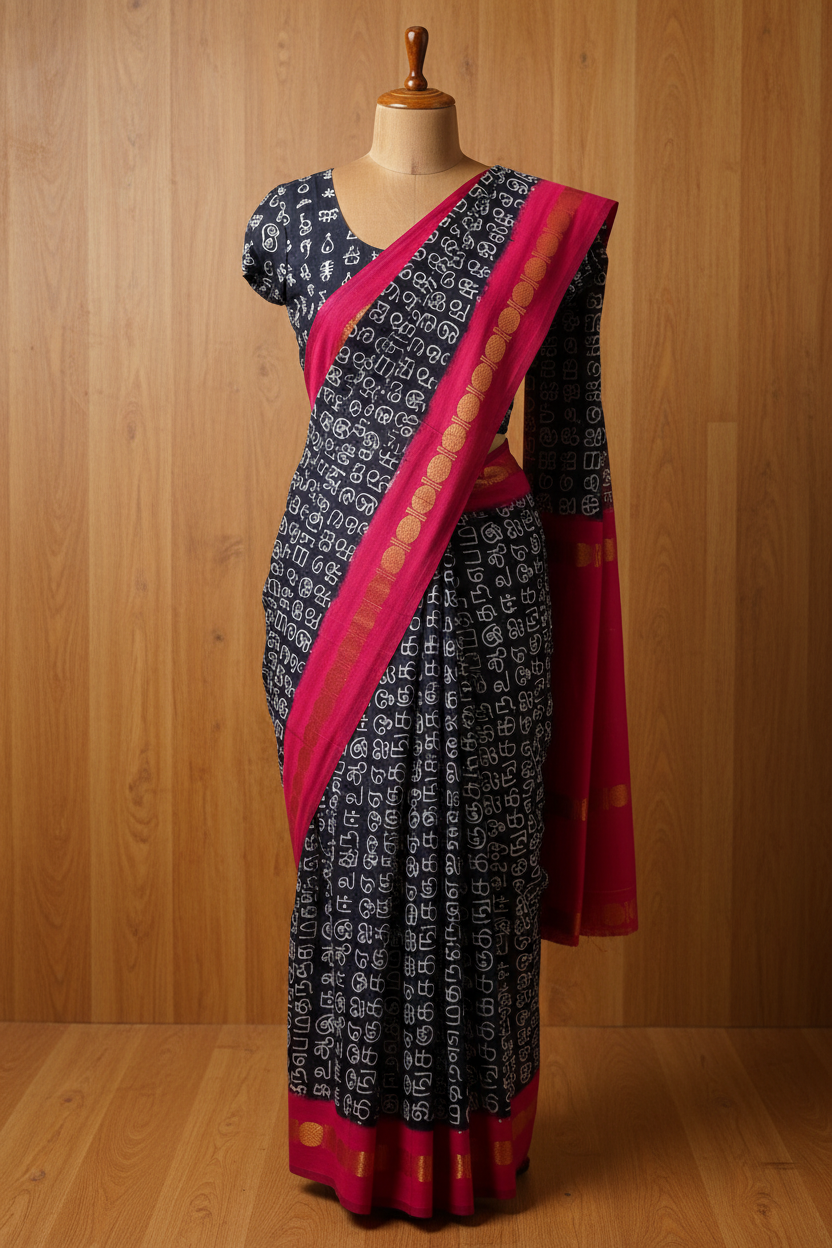 Tamil Printed Sungudi Cotton Saree Dark Blue | TLL146