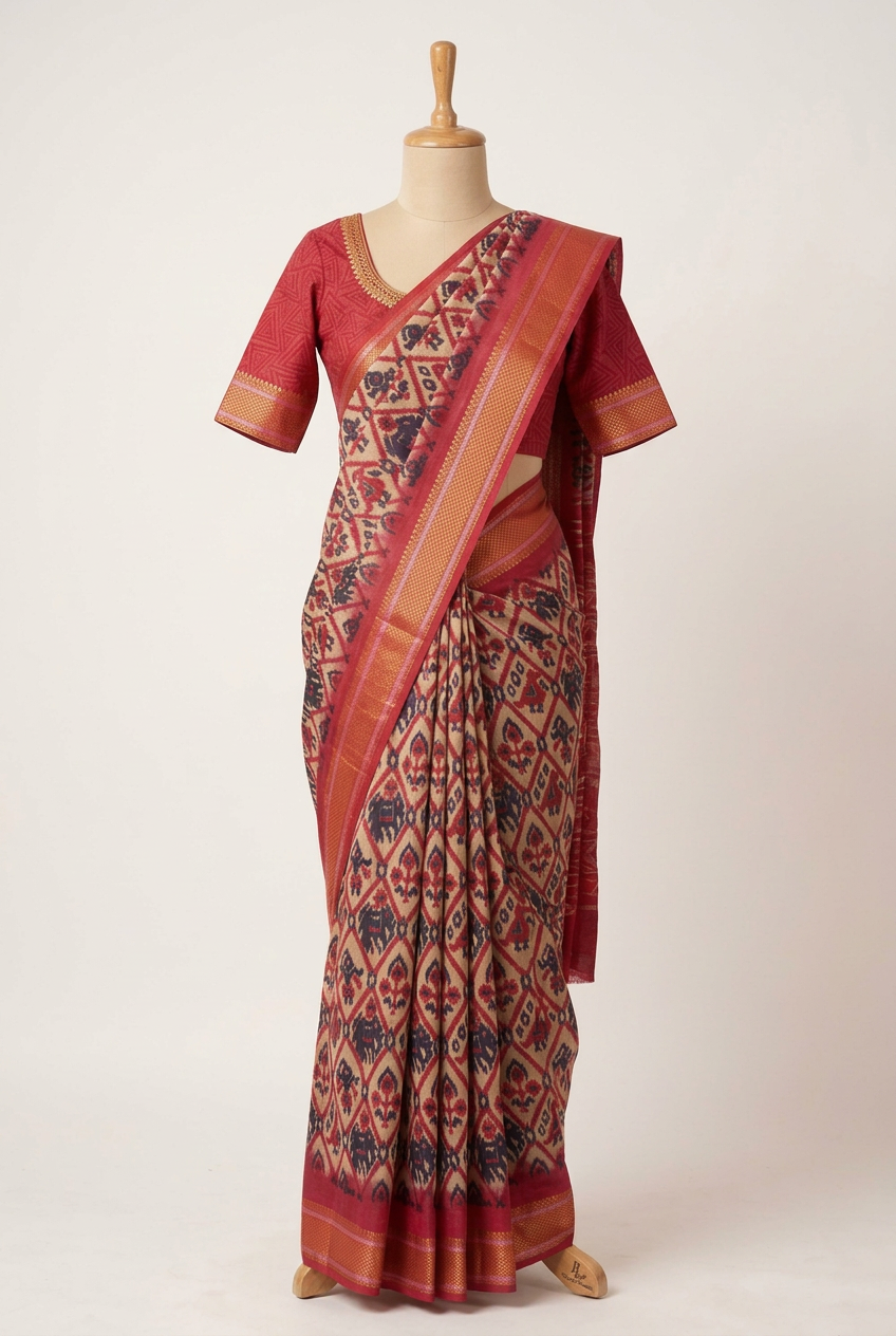 Pochampally Cotton Saree Cream With Red Border | TLL599