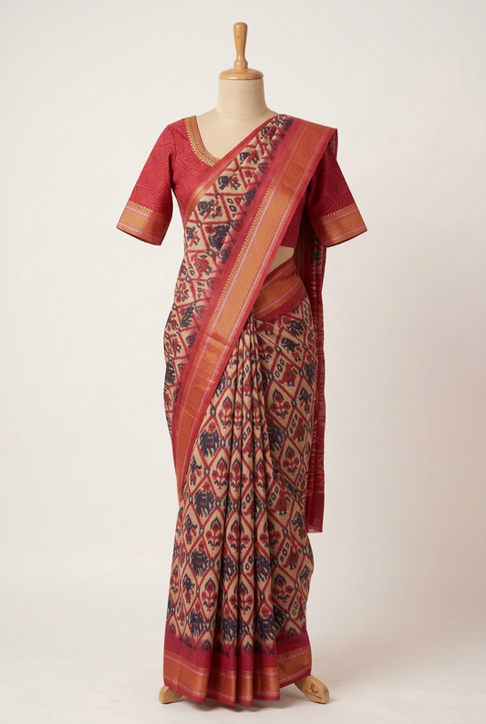 Pochampally Cotton Saree Cream With Red Border | TLL599