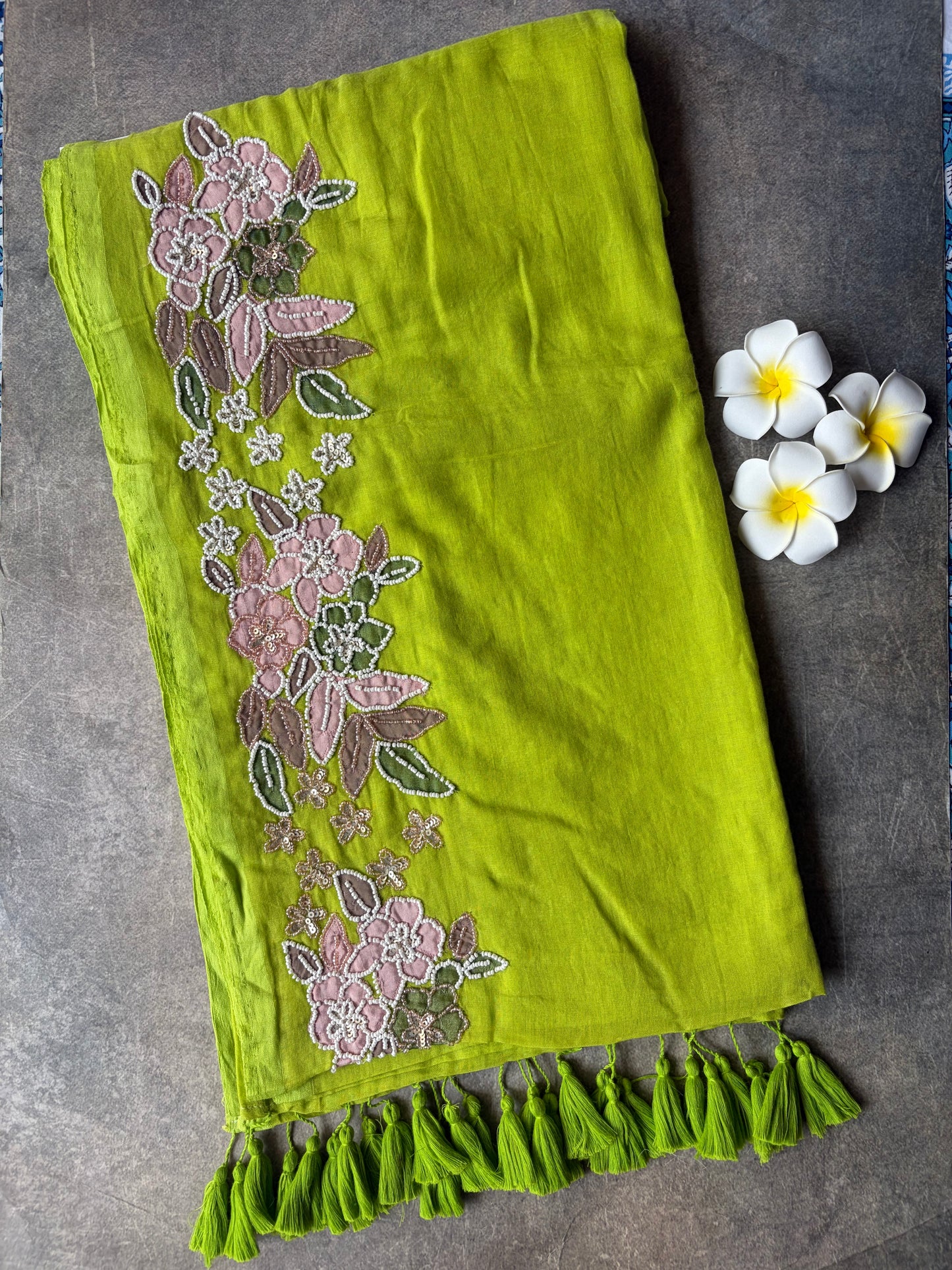 Embroidery Mul Mul Cotton Saree Lime Green | TLL507