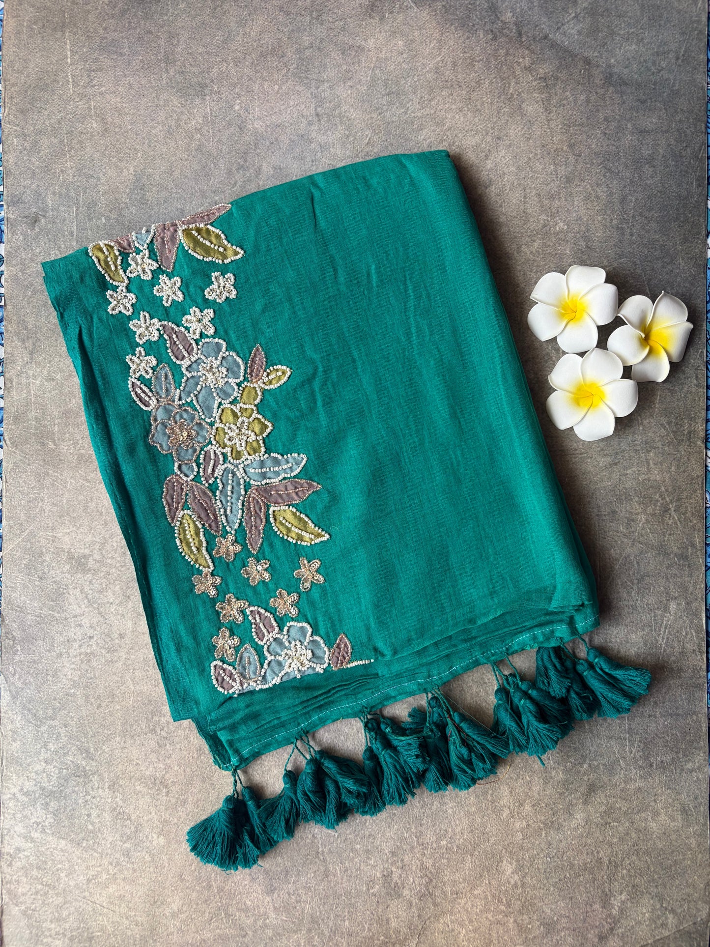 Mul Mul Cotton Saree Teal Green with Tussles | TLL505