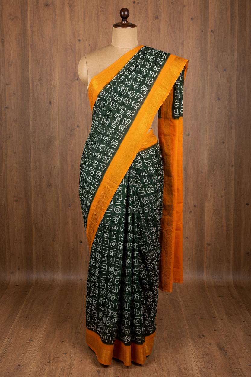 Tamil Printed Sungudi Cotton Saree Dark Green |  TLL157