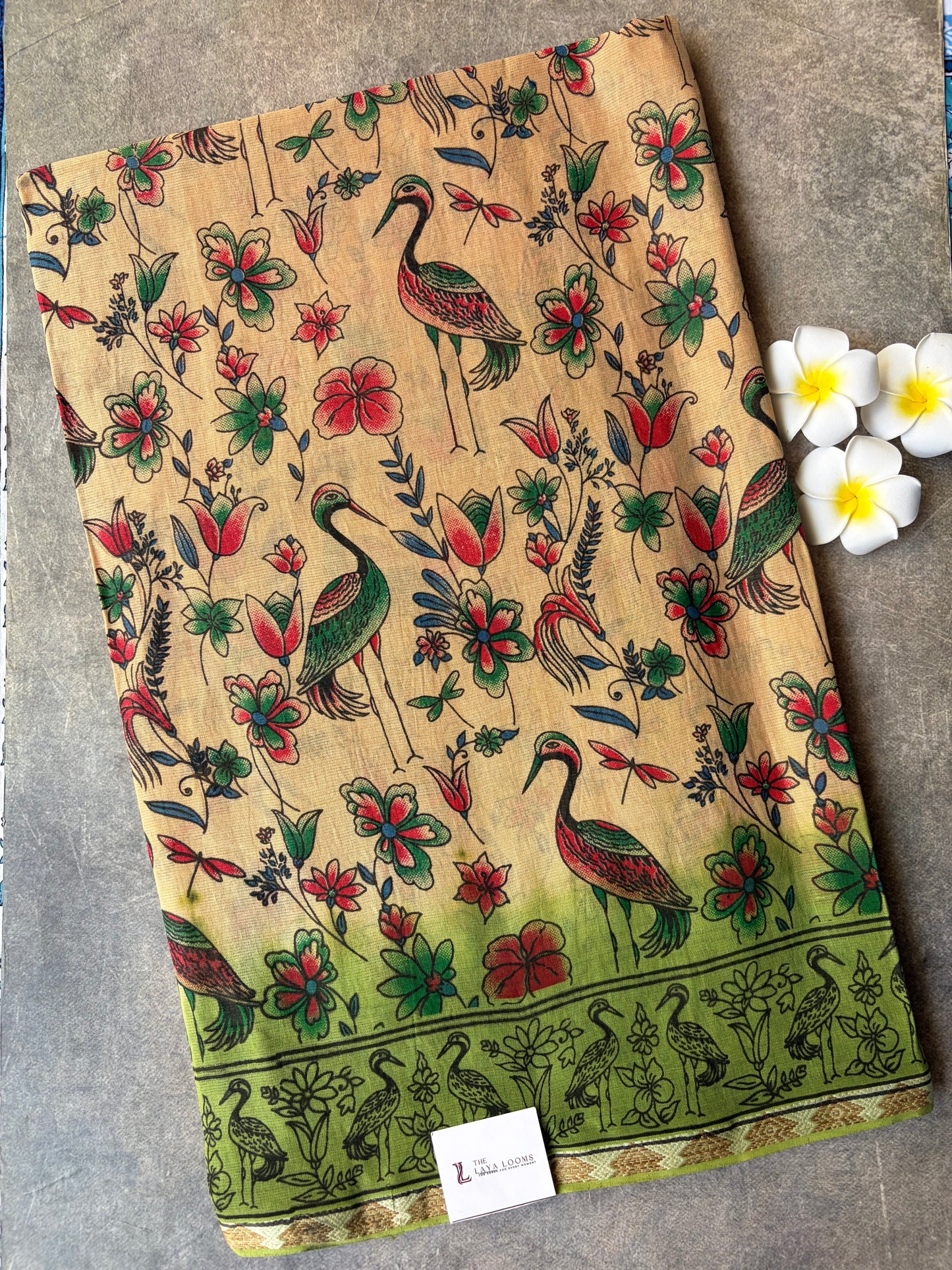 Kalamkari Cotton Saree Cream with Green Border | TLL594
