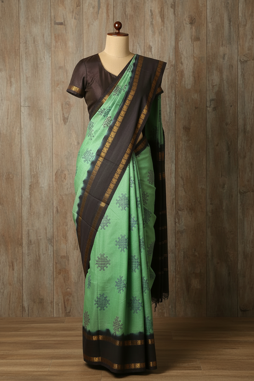 Kolam Printed Sungudi Cotton Saree Mint Green | TLL211