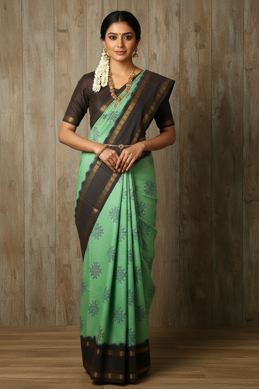 Kolam Printed Sungudi Cotton Saree Mint Green | TLL211