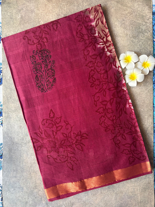 Maroon with Light Brown Pure Cotton Saree | TLL583