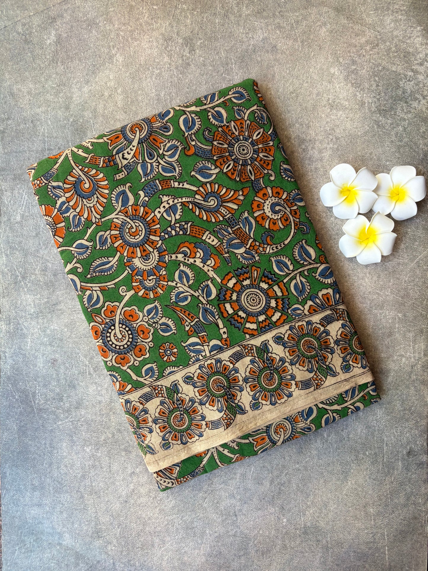 Kalamkari Printed Cotton Saree Green | TLL424