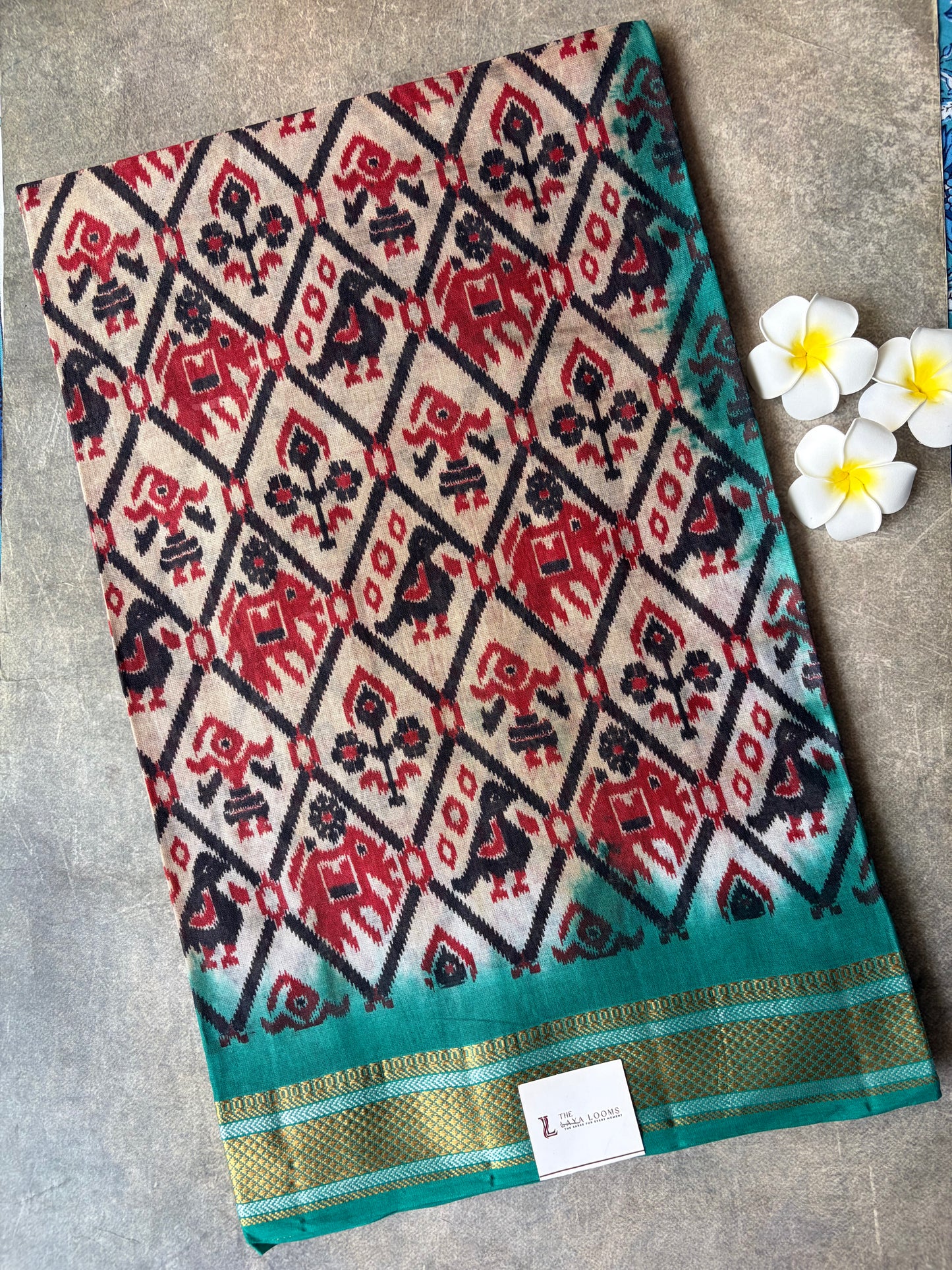 Pochampalli Cotton Saree Cream with Teal Green | TLL601