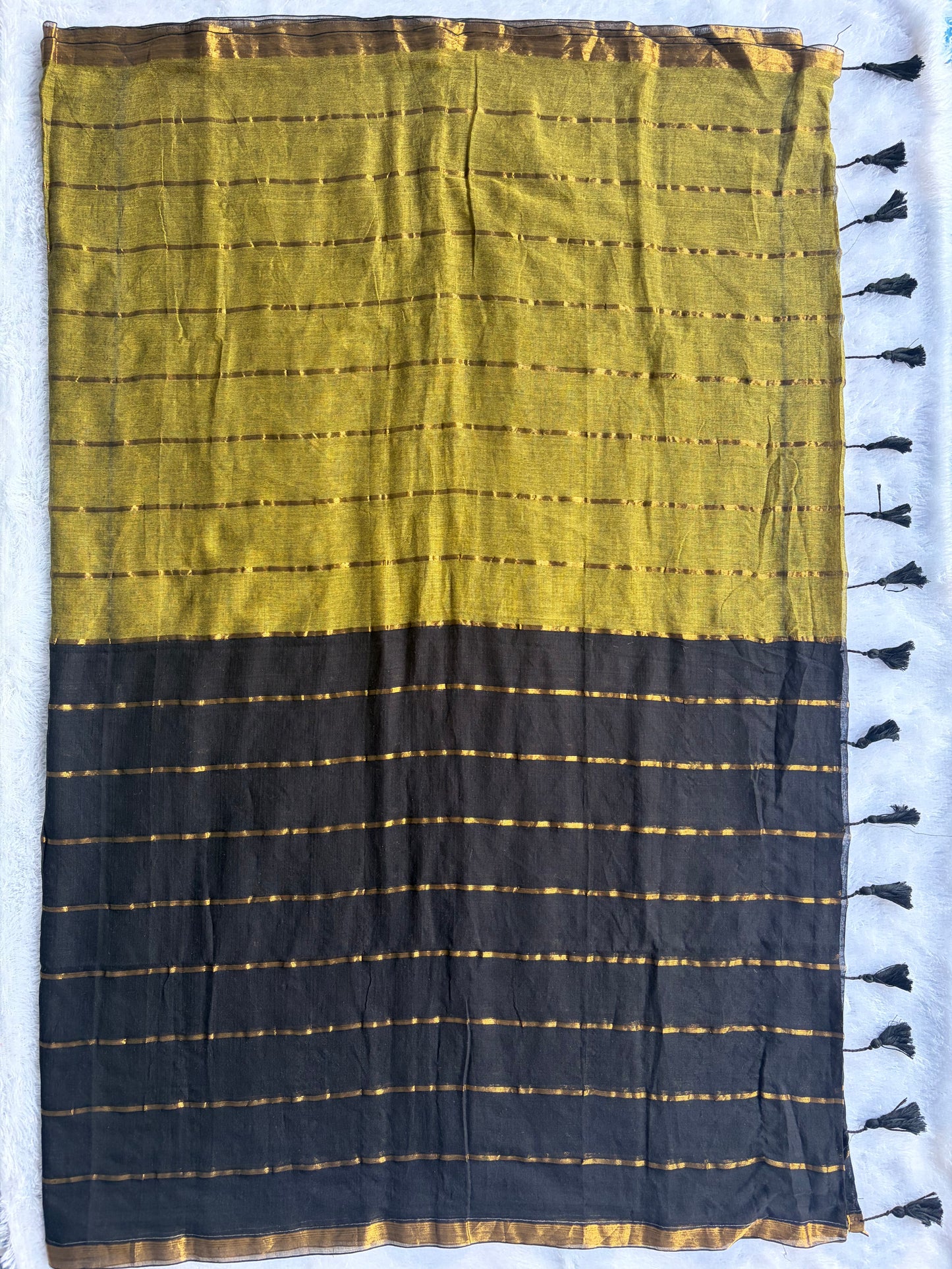 Mul Mul Cotton Saree Black and Green with Tussels | TLL259
