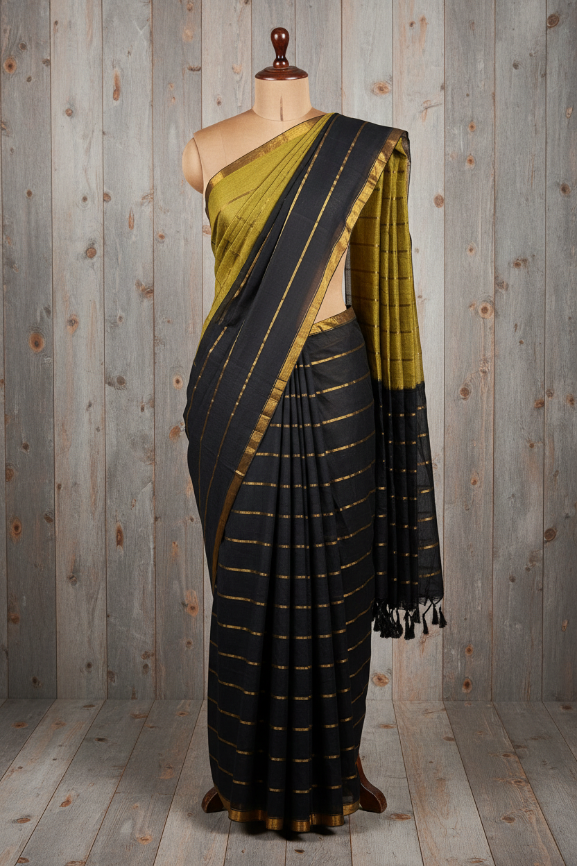 Mul Mul Cotton Saree Black and Green with Tussels | TLL259