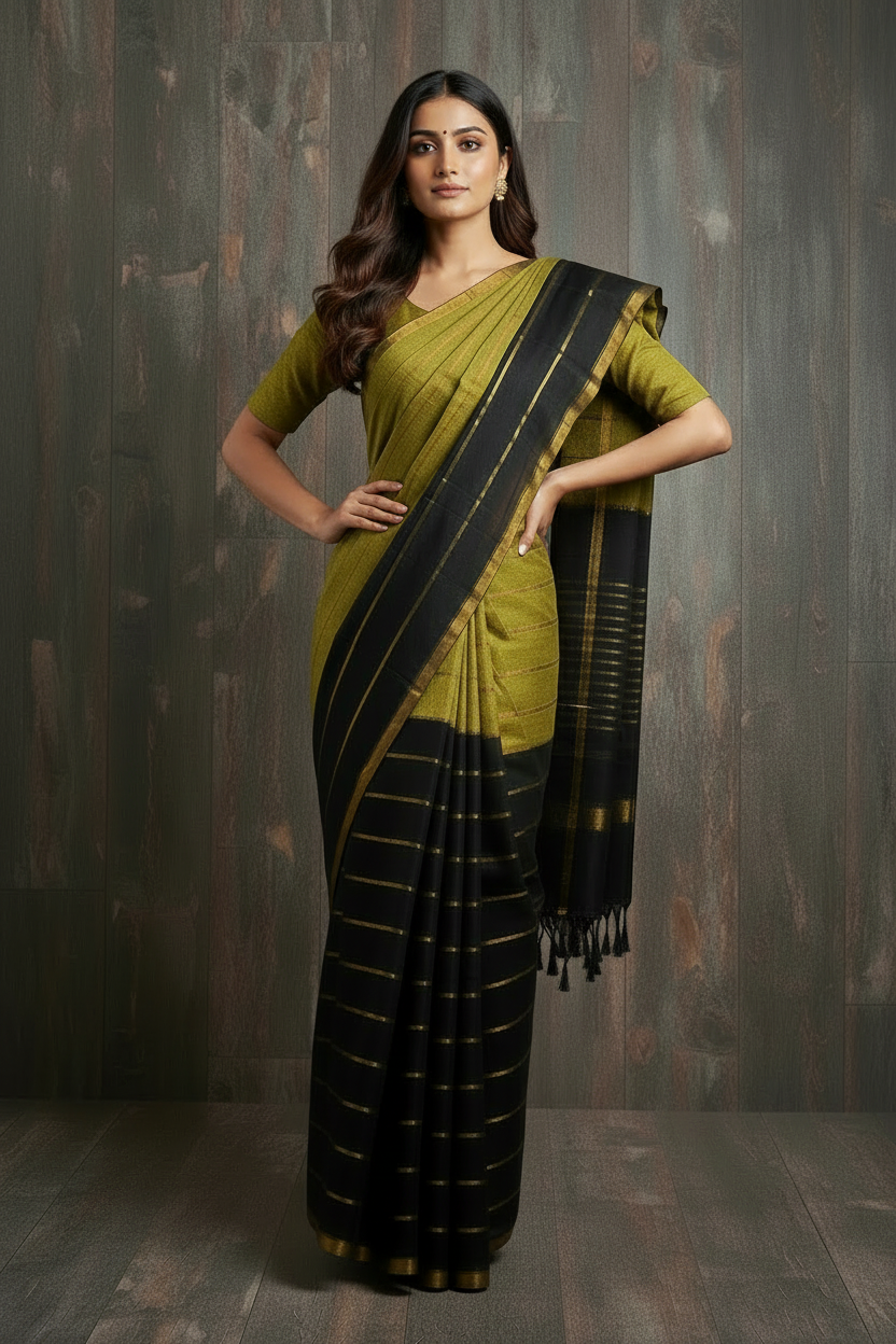 Mul Mul Cotton Saree Black and Green with Tussels | TLL259