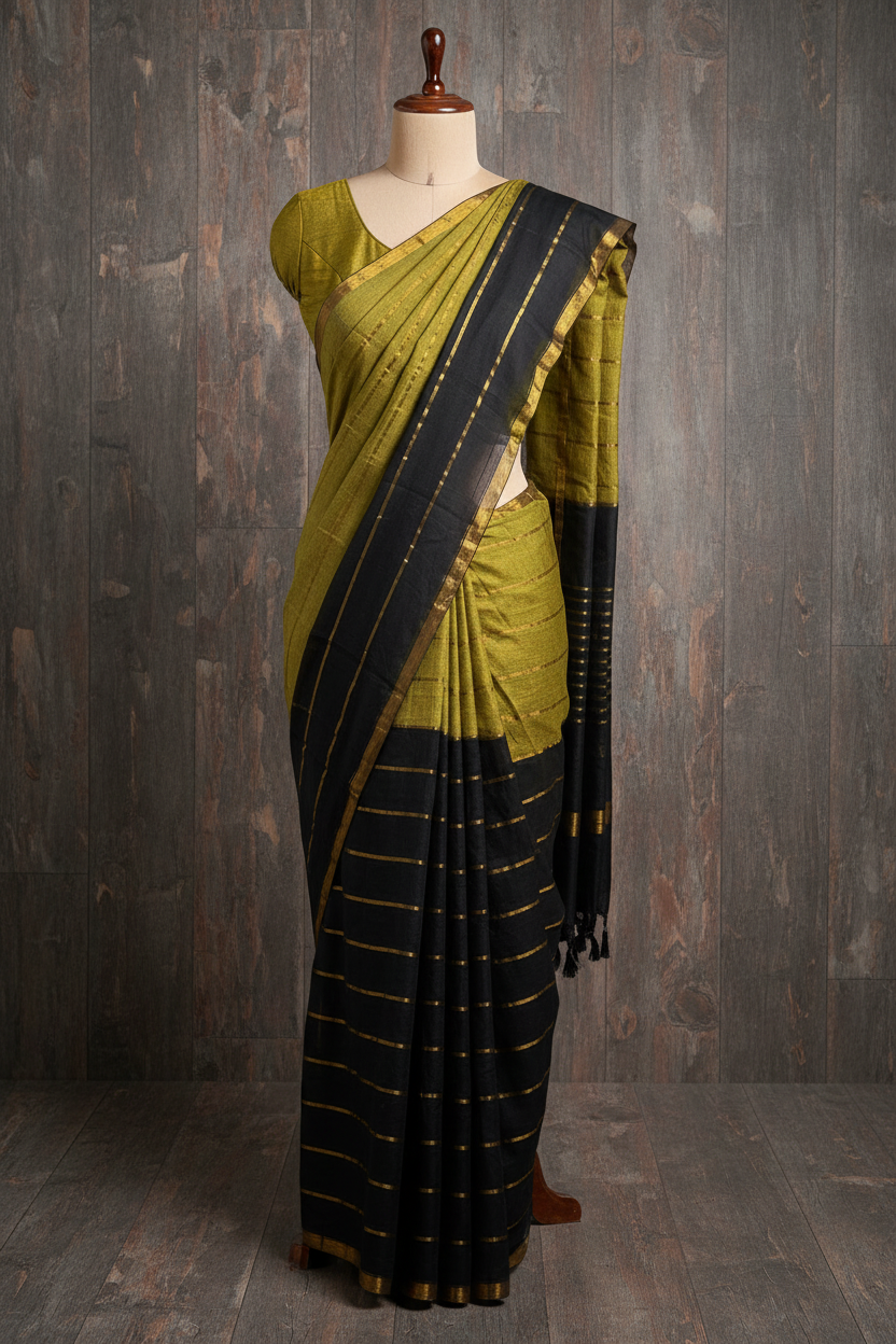 Mul Mul Cotton Saree Black and Green with Tussels | TLL259