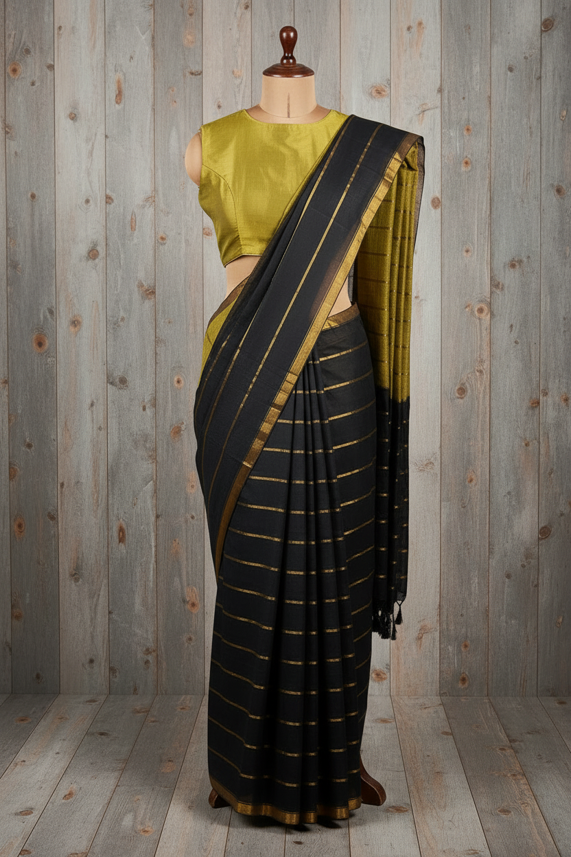 Mul Mul Cotton Saree Black and Green with Tussels | TLL259