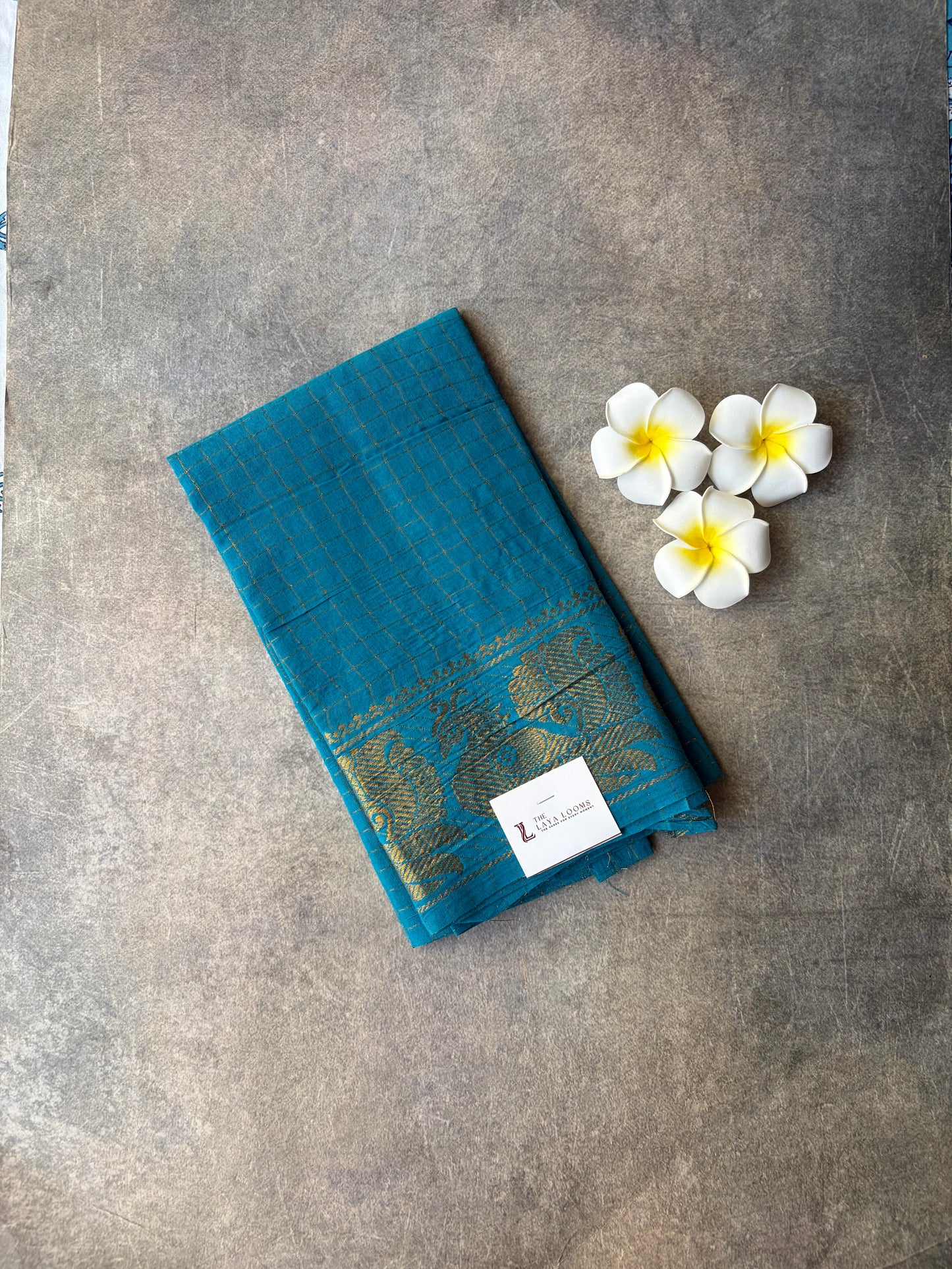 Sky Blue Golden Checked Sungudi Cotton Blouse Piece | TLL240