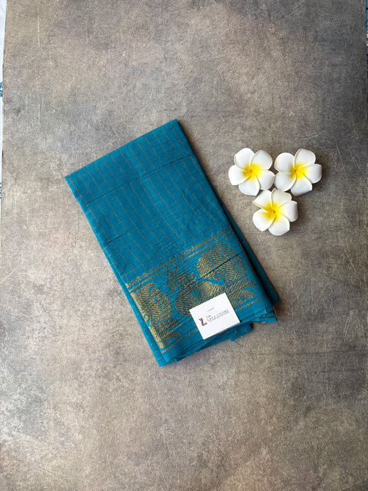 Sky Blue Golden Checked Sungudi Cotton Blouse Piece | TLL240